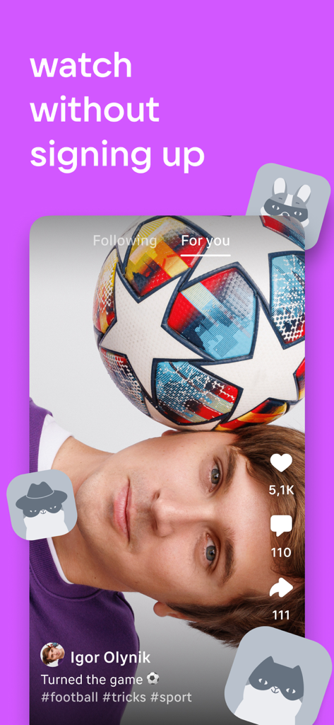 Screenshot der VK Clips App, der einen Mann zeigt, der einen Fußball balanciert, mit dem Text 'Ohne Anmeldung ansehen'