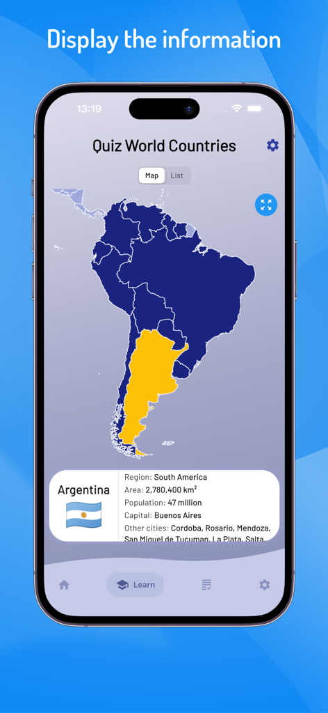 Quiz World Countries & Cities - Geography app screen showing Argentina on a map with its flag and country statistics