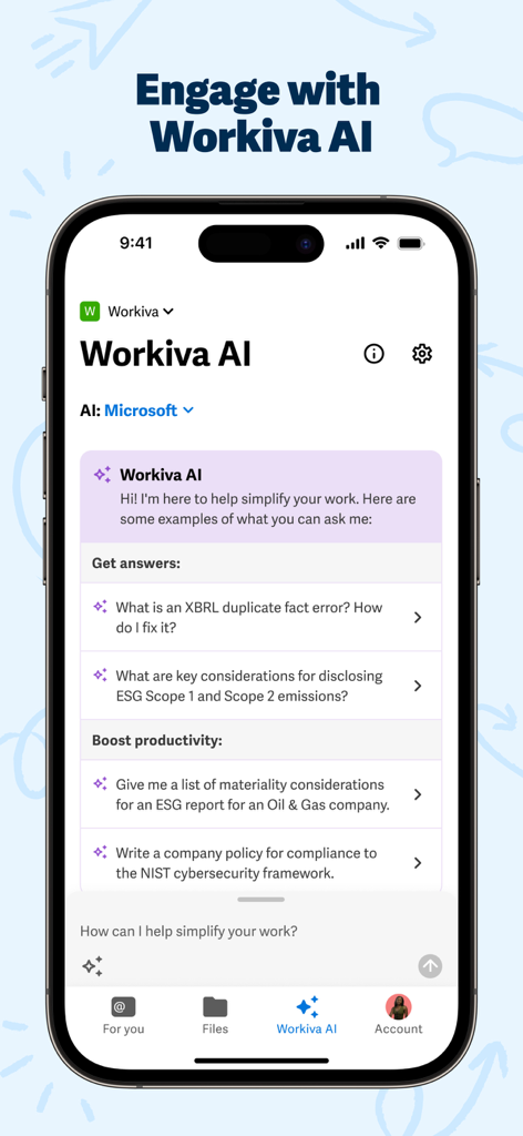 Interfaccia dell'app mobile Workiva che mostra prompt di IA generativa per il reporting finanziario e la conformità ESG