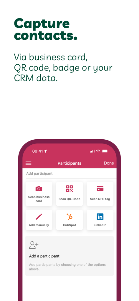 VisitReport by snapAddy - VisitReportアプリのインターフェース。名刺スキャン、QRコード、CRM統合を含むリードキャプチャオプションを表示