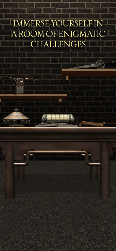 The Da Vinci Cryptex 4 - A mysterious room filled with mechanical puzzles, a cryptex, and ancient objects on a wooden table against a dark brick wall.