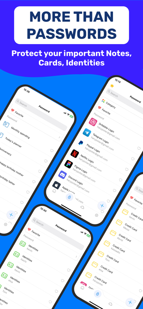 Authenticator App 2FA - Écrans de l'application Authenticator présentant le gestionnaire de mots de passe, les notes sécurisées, les identités et les fonctions de coffre-fort de cartes de crédit.