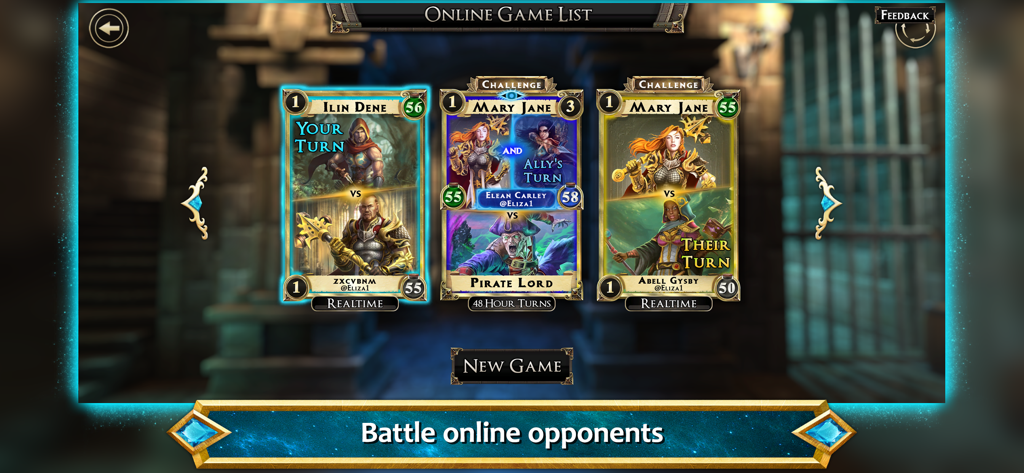 Menu de Hero Realms montrant les parties multijoueurs en ligne actives avec des options en temps réel et au tour par tour.