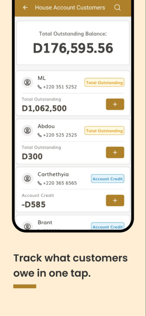 Waychit POS - A mobile screen from the Waychit POS app displaying a list of house account customers with their total outstanding balances and contact details.