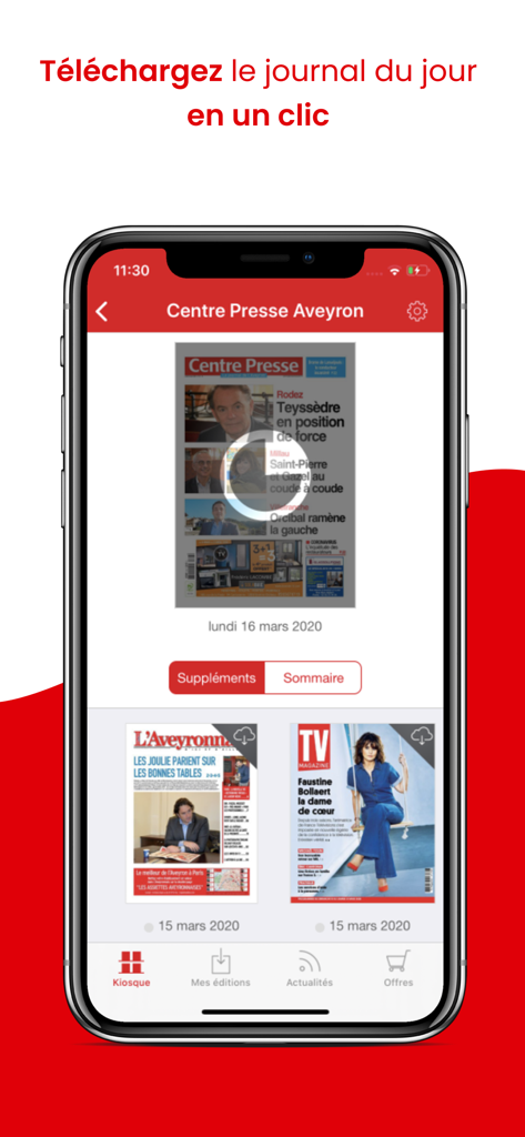 Centre Presse Le Journal - Centre Presse Aveyron mobile app kiosk showing the front page of the daily newspaper and supplements