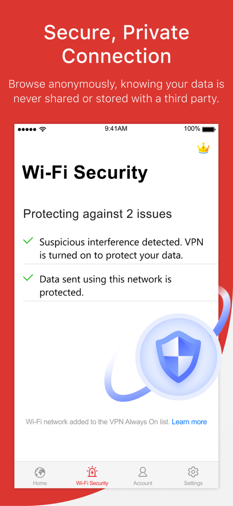 Trend Micro VPN app interface showing active Wi-Fi security protection and data privacy status.