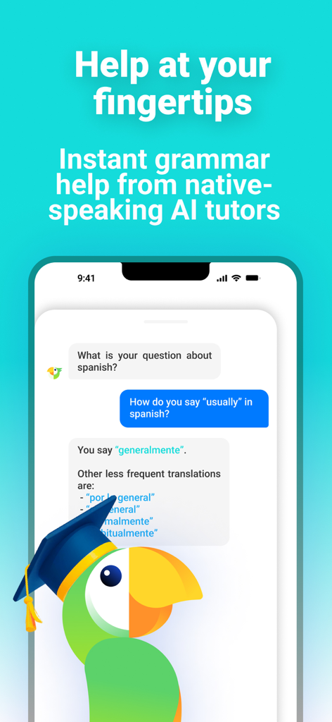 Papagaio - Speak and Learn - Chat interface of the Papagaio app where an AI tutor provides Spanish translations and grammar tips