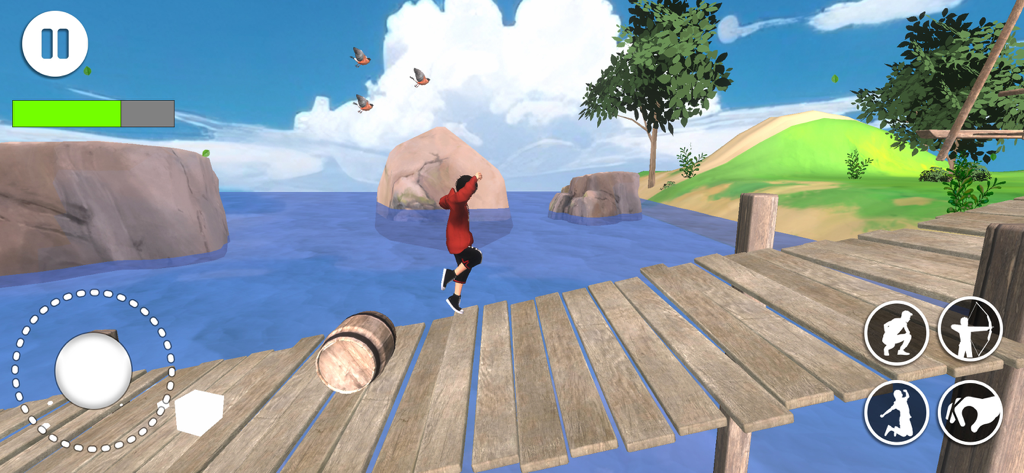 The Escape Story Inside Game - A character in a red hoodie jumping on a wooden bridge over water in an atmospheric mobile platformer game