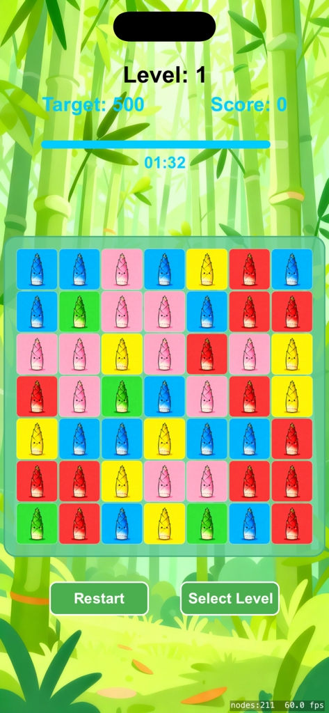Panda Puzzle: Bamboo Garden - Gameplay screen of Panda Puzzle Bamboo Garden showing a grid of colorful bamboo tiles in a forest