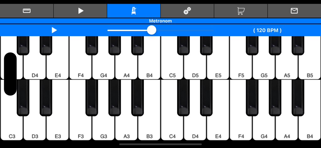Piano - 2 Keyboard Tiles Play - Oberfläche eines digitalen Klaviers mit zwei Reihen von Keyboardtasten und einer Metronom-Steuerleiste auf 120 BPM eingestellt.