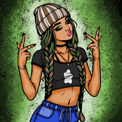 realistic teenage girl with braids and a beanie and crop top doing 🫶🏼