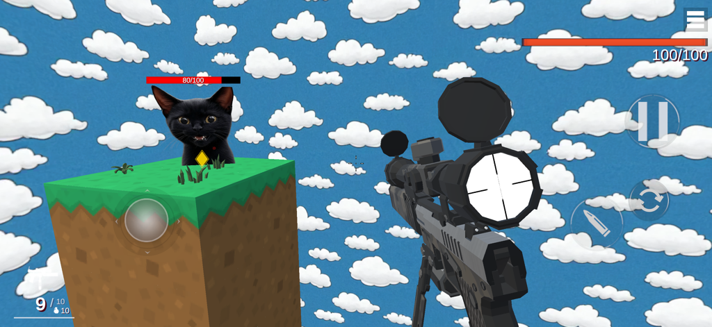 Stepbots Sandbox Playground 2 - Vista de disparos en primera persona en Stepbots Sandbox Playground 2 con un rifle de francotirador y un bot de meme de gato.