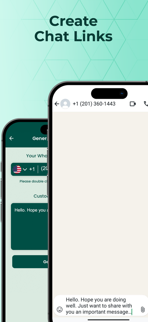 Whatscan - Whats Scan Web - Mobile screen showing the chat link generator feature within the Whatscan app