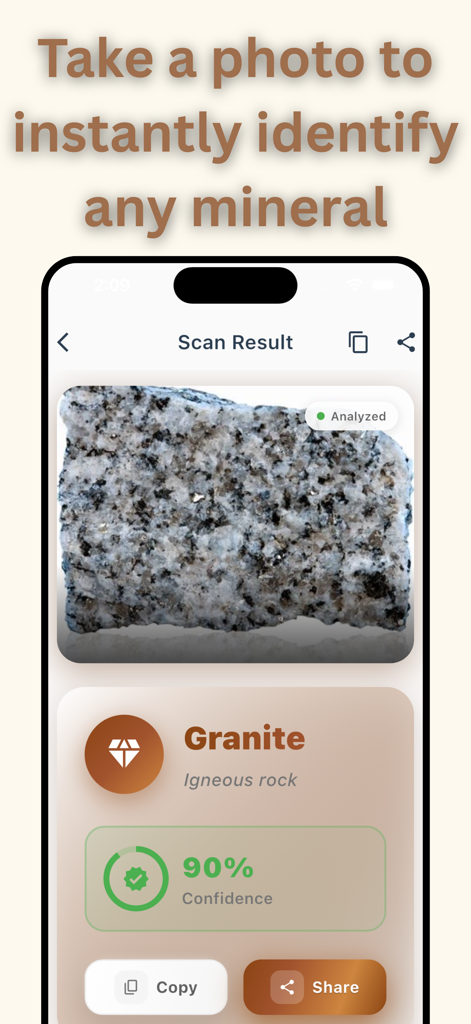 Rock Identifier: AI Scan - Pantalla de aplicación móvil mostrando la identificación de una roca de granito con noventa por ciento de confianza
