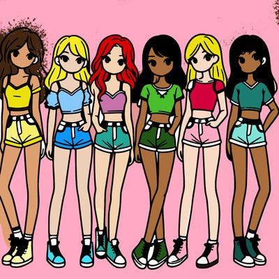 a group of girls wearing crop tops and shorts