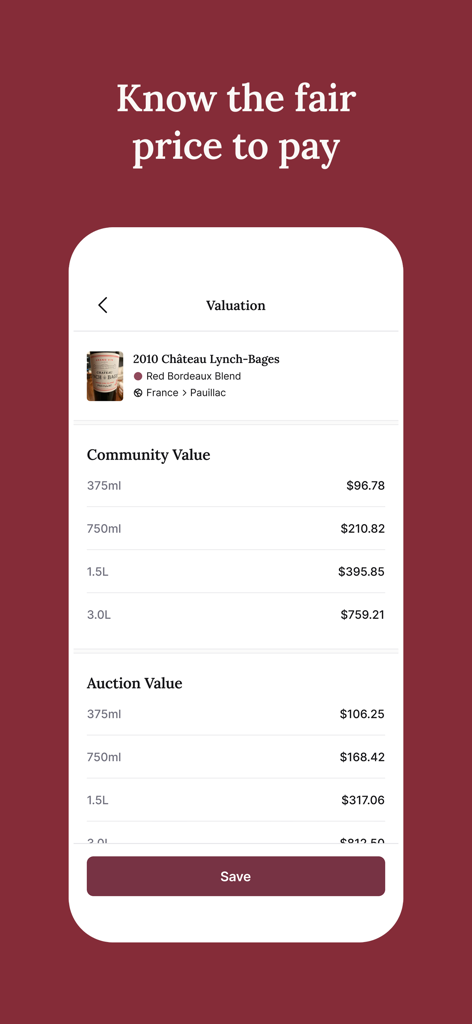 CellarTracker: #1 Wine Tracker - CellarTracker 앱 화면에 와인 한 병에 대한 커뮤니티 및 경매 가치 표시