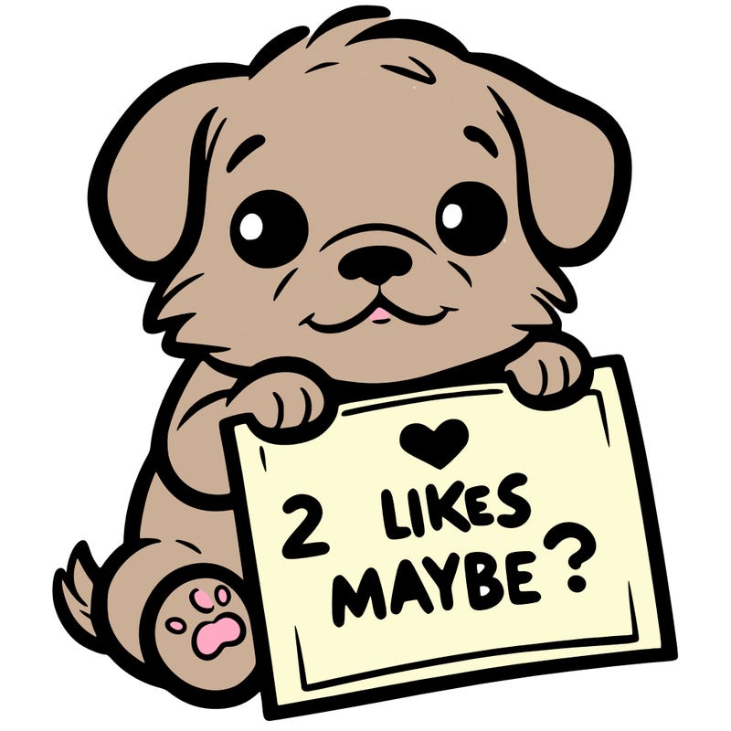 a puppy holding a sign that says 2 likes maybe?