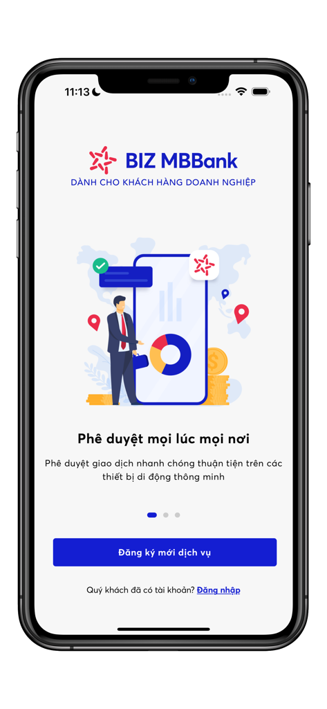 Schermata di benvenuto dell'app mobile BIZ MBBANK per l'approvazione delle transazioni aziendali
