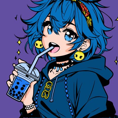 hot baddie anime girl drinking boba and biting the straw