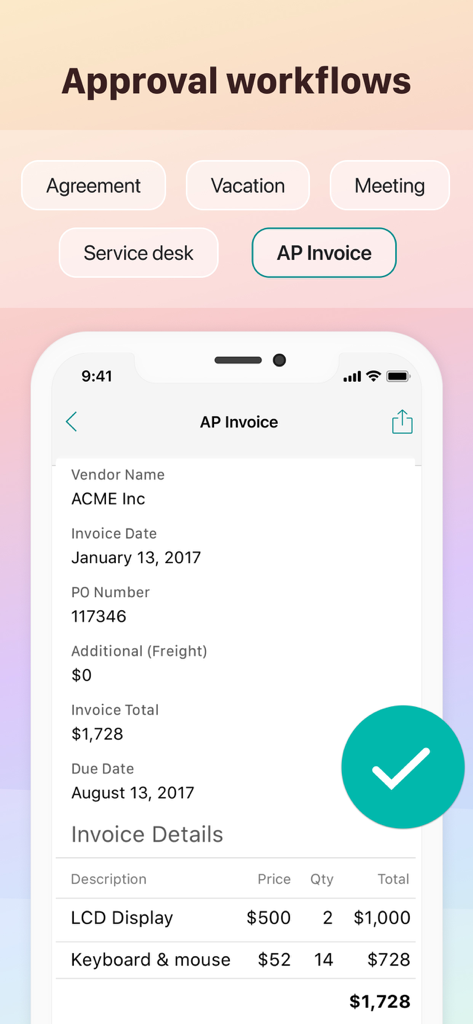 Pyrus · Team Communication - Screenshot of the Pyrus app showing an AP invoice approval workflow with a large green checkmark button.