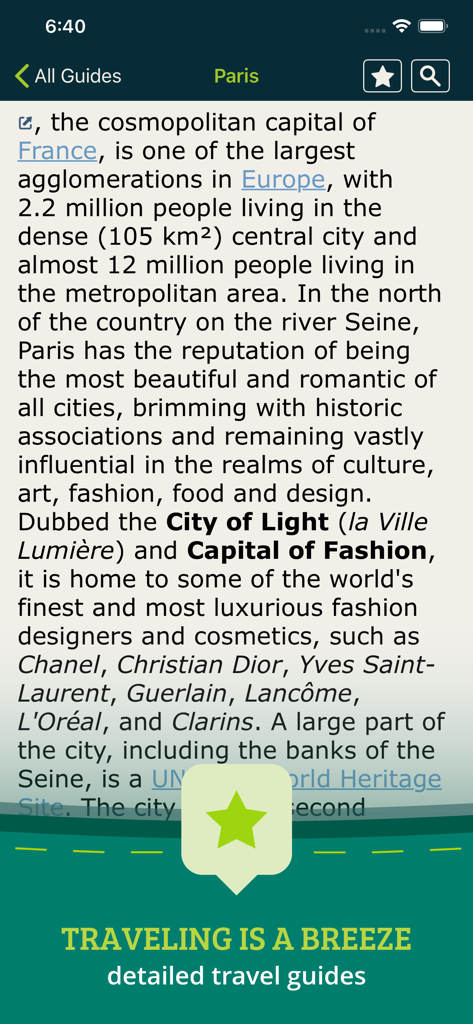 A detailed travel guide for Paris showing city information and fashion history within the Pocket Earth Maps app.