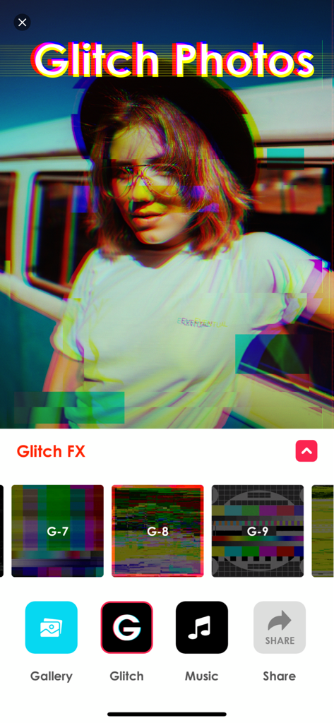 Glitch.Video - Mobile app interface of Glitch Video showing a photo of a woman with colorful vaporwave glitch effects and filter options.