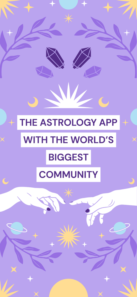 Moyra: Astrology Guide for You - Promotional graphic for Moyra astrology app featuring mystical symbols and the message about having the world largest community