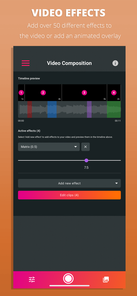 Pantalla de composición de vídeo de GlambotApp que muestra la vista previa de la línea de tiempo y la configuración de efectos