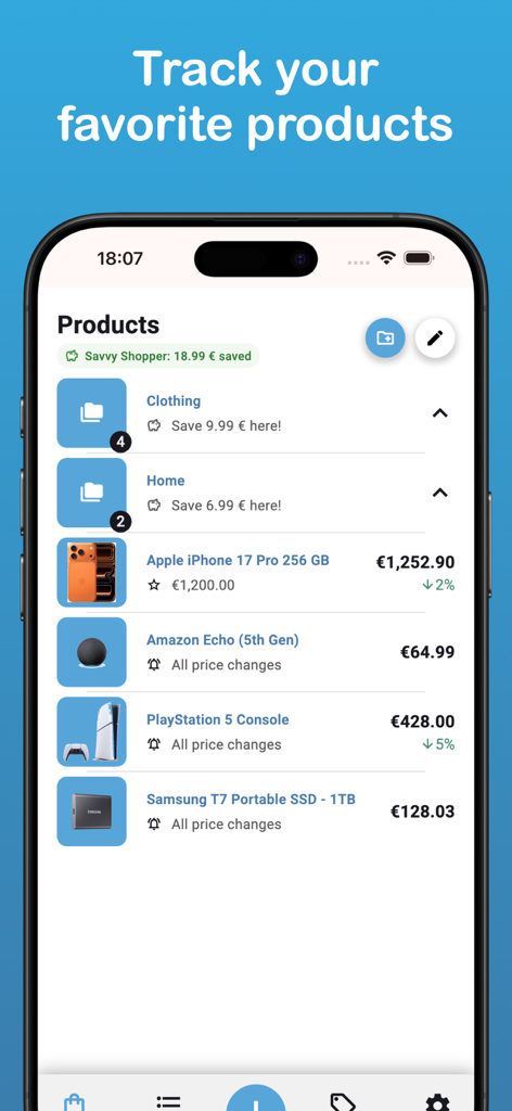 Smartphone-Bildschirm mit einer Liste verfolgter Artikel und Preisänderungen in PriceNotify