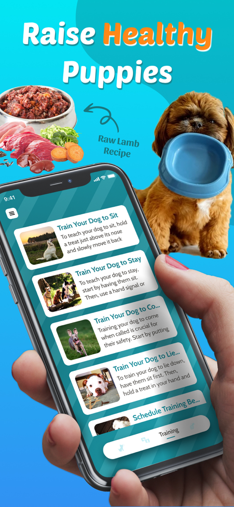 Dog Translator, Games for Dogs - Um smartphone mostrando dicas de treinamento de cães ao lado de um filhote e ingredientes de comida crua