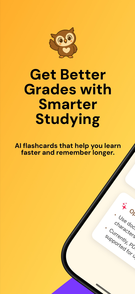 MemoCards: AI flashcards - MemoCards app home screen featuring an owl mascot and the text Get Better Grades with Smarter Studying