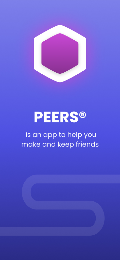 Pantalla de introducción de la aplicación PEERS mostrando el logo y el lema sobre cómo hacer y mantener amigos