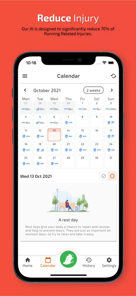 TrainAsONE- AI Running Plans - TrainAsONE app interface showing a monthly training calendar and a rest day recommendation for injury prevention.
