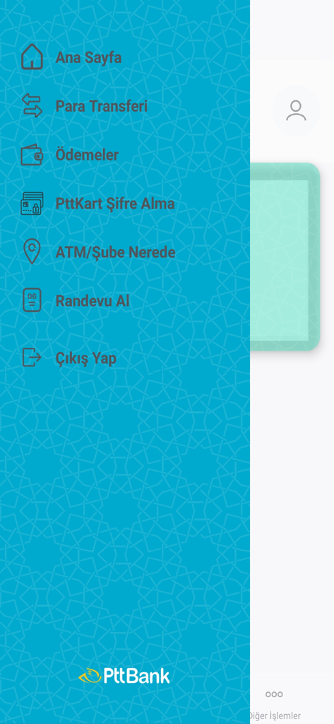 PTTBank mobile app navigation menu with banking services