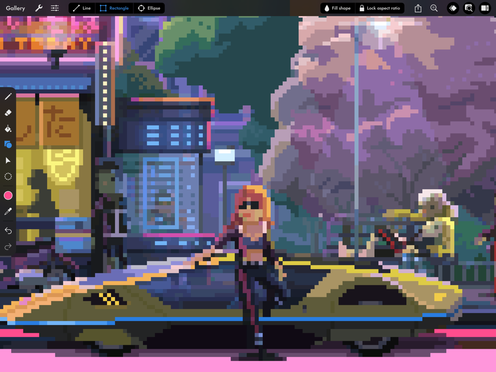 Interfaz de la aplicación Pixaki 4 Intro mostrando una escena de pixel art cyberpunk con un personaje y un coche futurista