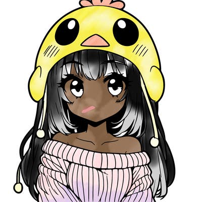 anime girl with chick shaped hat with sweater with bare shoulders with bangs covering them one eye with low tail