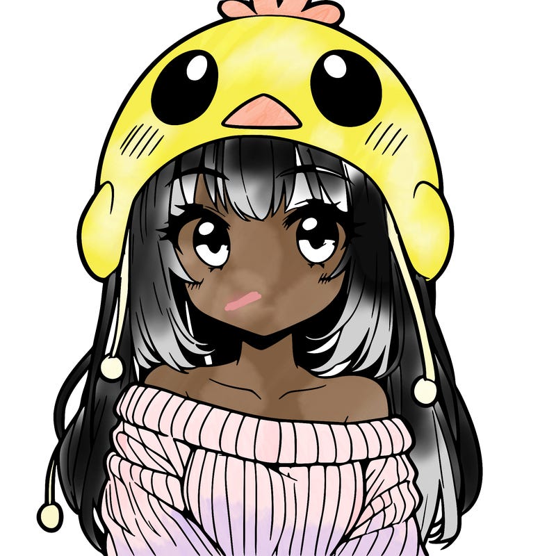 anime girl with chick shaped hat with sweater with bare shoulders with bangs covering them one eye with low tail