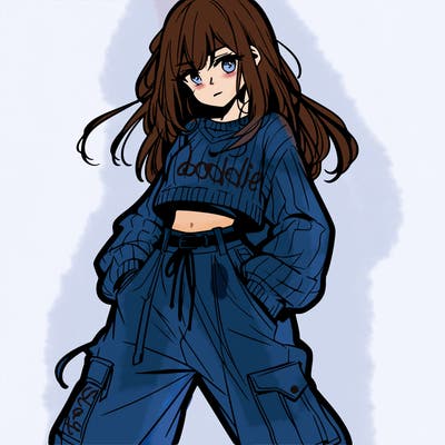 anime teen girl with baggy pants and crop top with sweater