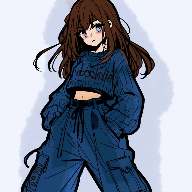 anime teen girl with baggy pants and crop top with sweater