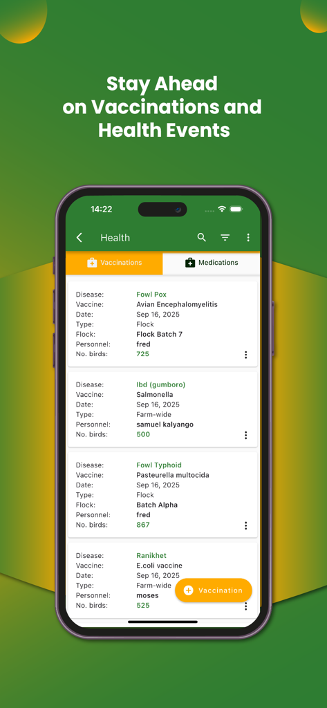 Una interfaz móvil para rastrear registros de vacunación de aves de corral y eventos de salud por rebaño.