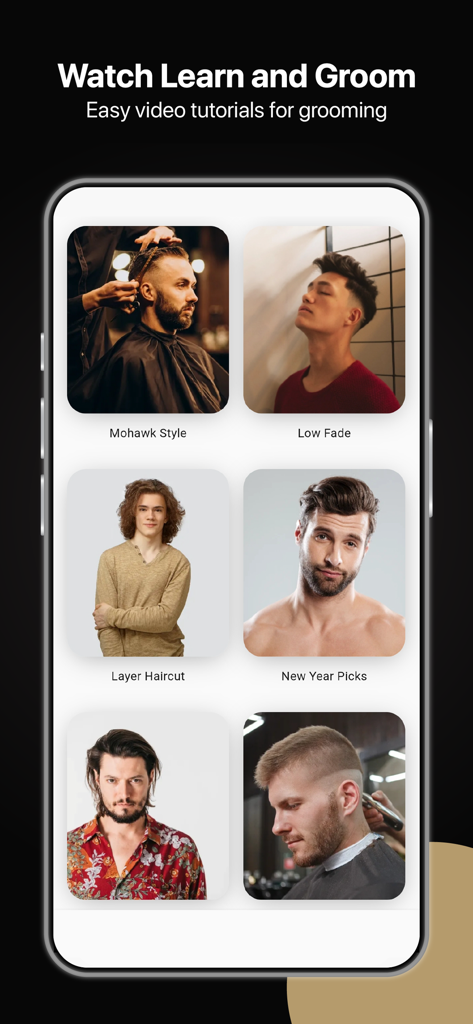 Men's Hairstyles - Face Guide - ローフェードやモホークなどのさまざまなヘアスタイルのビデオチュートリアルを特集した男性用グルーミングアプリのインターフェース。