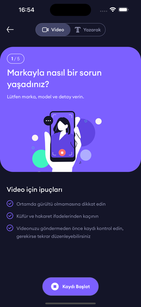 Interface of the Sikayetvar mobile app showing the step for recording a video complaint about a brand in Turkish