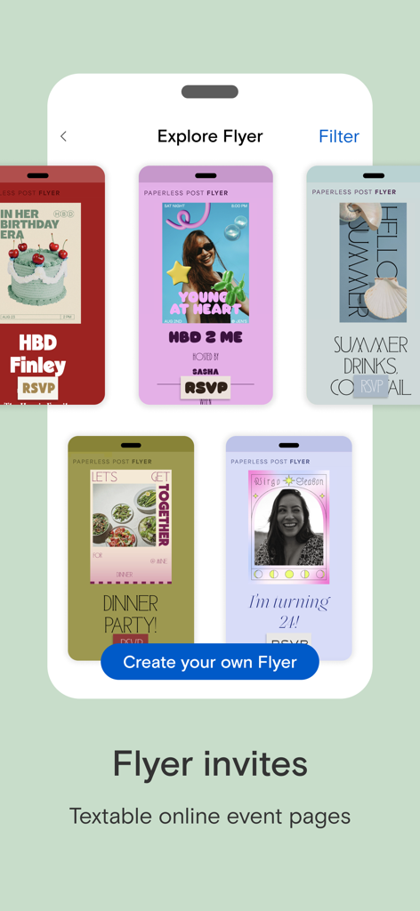 Paperless Post: Invitations - A mobile screen showing colorful and aesthetic digital flyer invitation templates for various events in the Paperless Post app