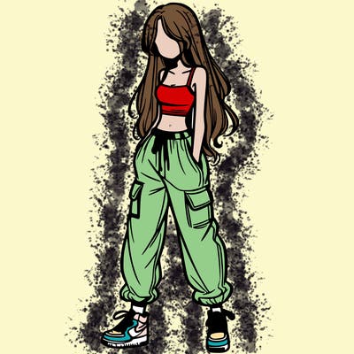 girl in baggy pants crop top and long hair