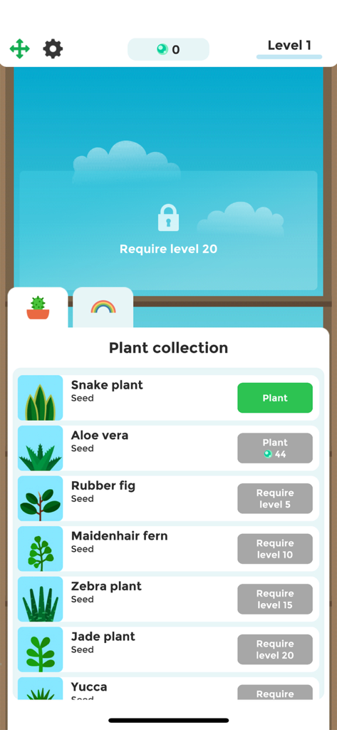 Menú de colección de plantas en Terrarium Garden Idle que muestra varias especies de plantas y requisitos de desbloqueo