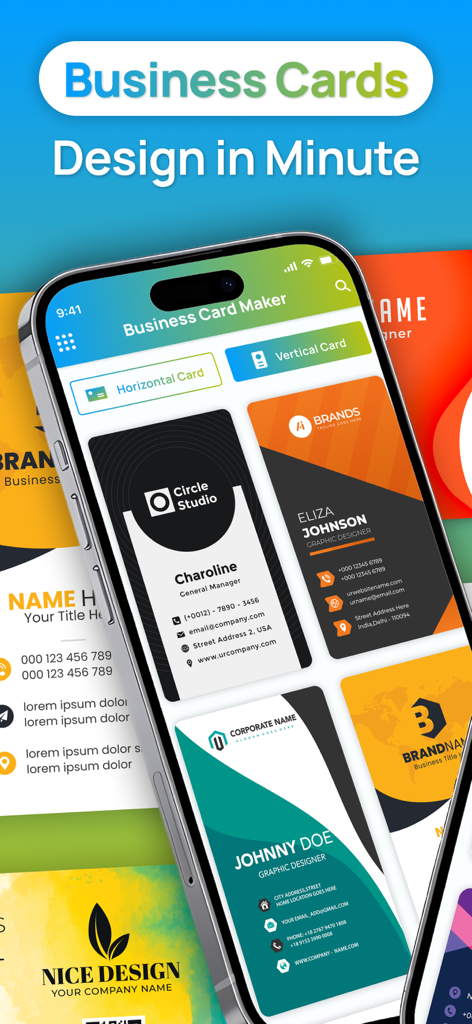 Business Card Maker : Editor - La aplicación Business Card Maker mostrando plantillas de diseño profesionales verticales y horizontales en un smartphone