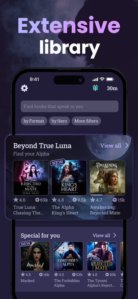 Moonlit - Werewolf Audiobooks - Moonlit app home screen showing an extensive library of werewolf and alpha romance audiobooks.