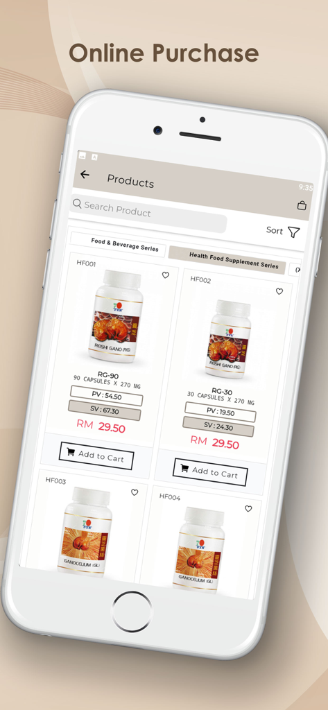 DXN app screen showing a product catalog of health food supplements with pricing and add to cart buttons