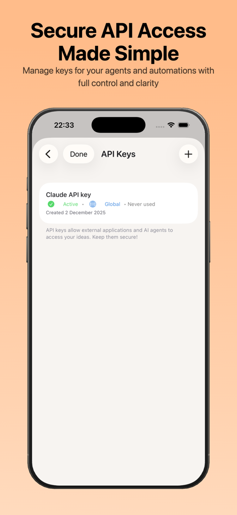 Planelo: Idea & Project Hub - Planelo mobile app screen showing secure API keys management for developers and automations