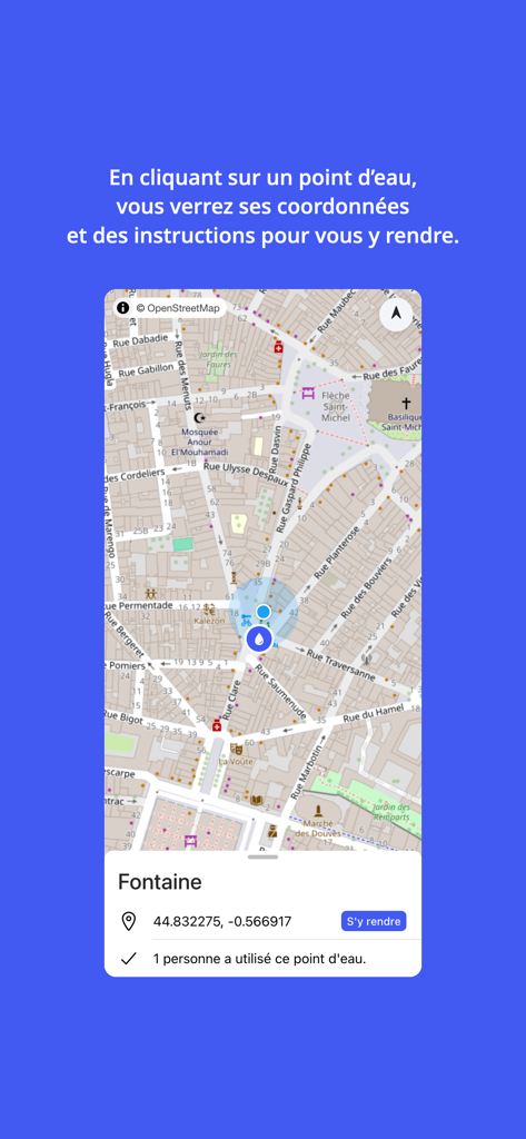 FreeTaps - FreeTaps mobile app showing a water fountain location on a map with GPS coordinates